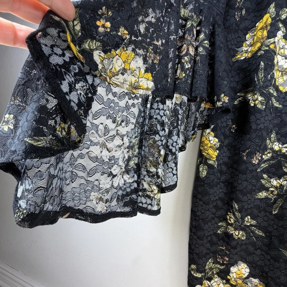 VFSHOW Women's Large Mesh Floral Dress Black Yellow Bell Sleeve Midi Career‎